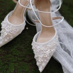 Spring and summer new pointed pearl mesh flower strap wedding shoes thin high-heeled banquet dress small size women's sandals