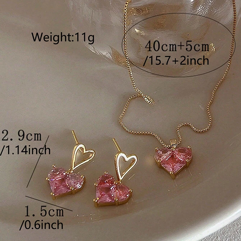 3pcs Trendy Y2k Heart-shaped Zircon Pink Crystal Pendant Earrings Necklaces Set for Women Heart Elegant Exquisite Party Jewelr