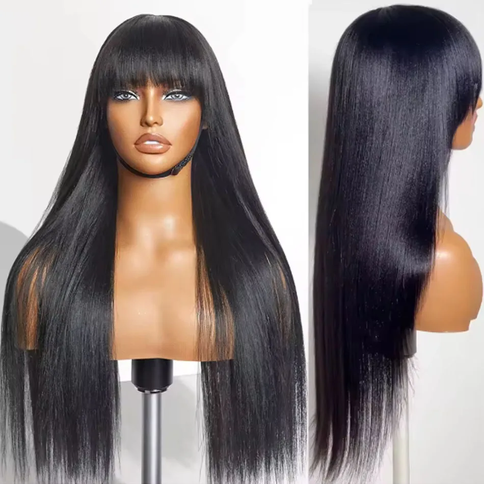 Natural Black Bone Straight Human Hair Wig With Bangs 30Inch Glueless Brazilian 3x1 Lace Wigs Full Machine Made Wig