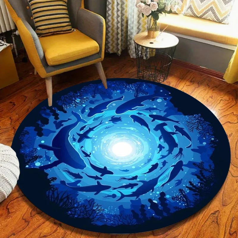 Alfombra Redonda con Ilusión de Vórtice del Mar Profundo, Siluetas de Ballenas y Peces, Alfombra Suave Antideslizante, Decoración Moderna para el Hogar, para Sala de Estar