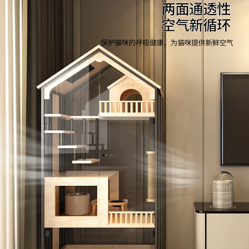 Meow Emperor  Villa Rubber Solid Wood Panoramic Glass Super Large Space Cat Cage Luxury Three story Household  House  H