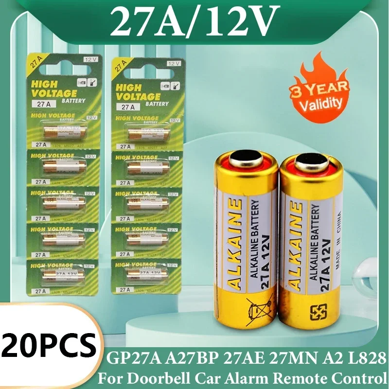 20pcs 12V A27 27A G27A MN27 MS27 L828 alkaline battery toy doorbell alarm remote control V27GA ALK27A A27BP K27A dry battery