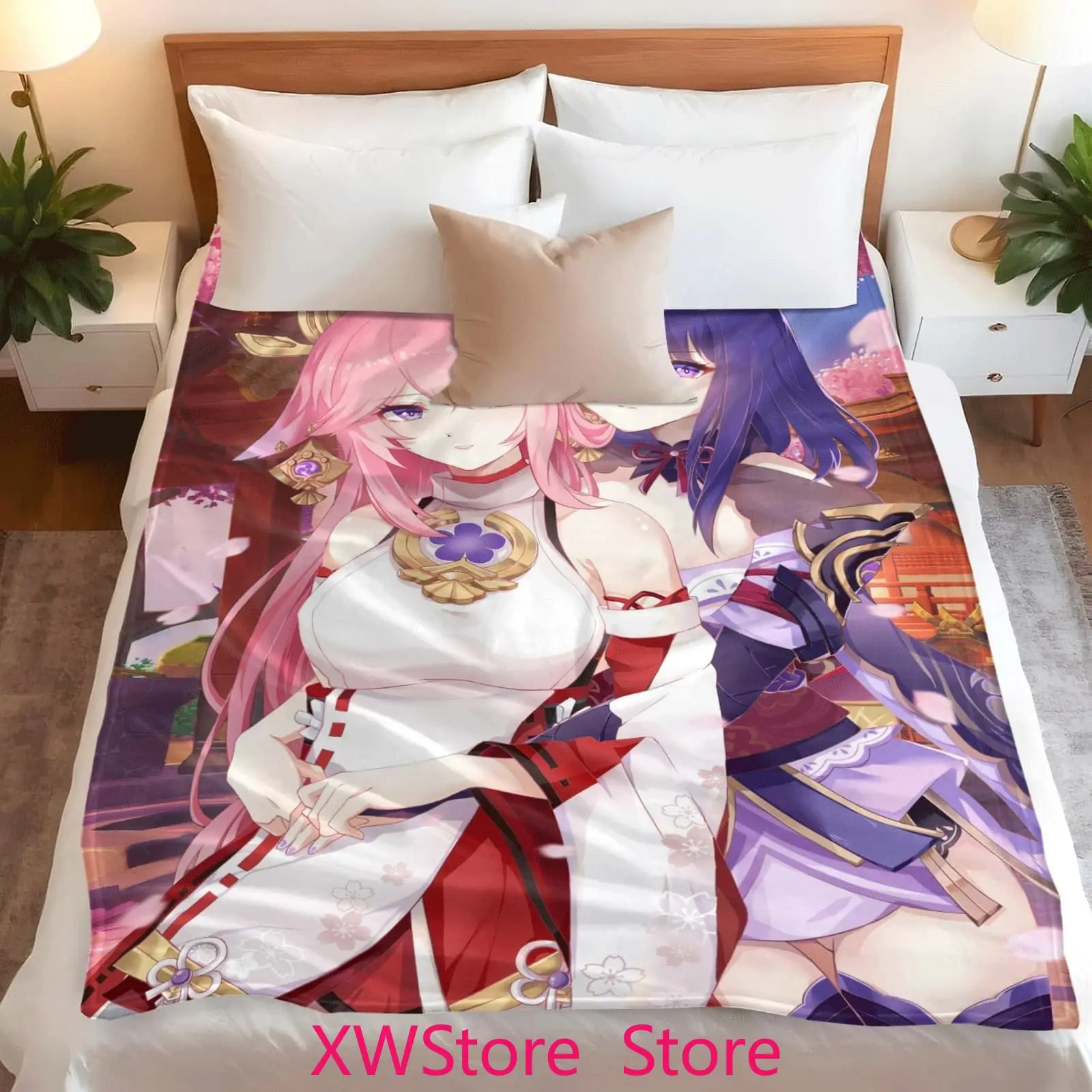 Genshin Impact Yae Miko Raiden Shogun Flannel Blanket Electro Archon Twin Goddesses Design