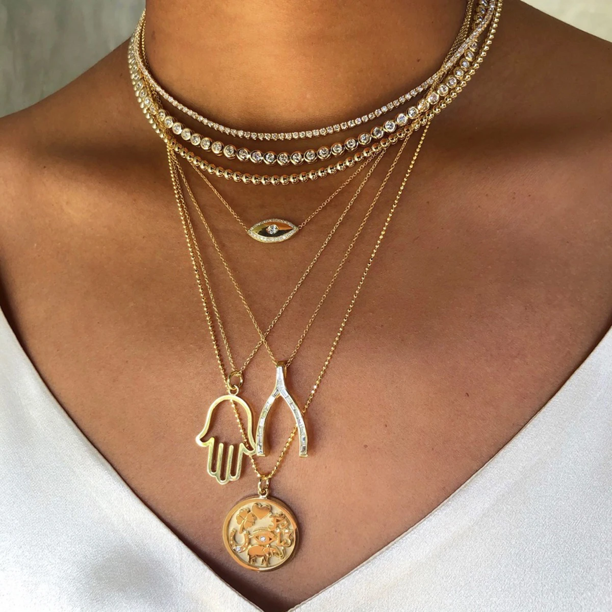 

AIKOER Classic 18K Gold Color Plated Stainless Steel Square White Zircon Wishbone motif necklace Lucky Charm Necklace Women's Je