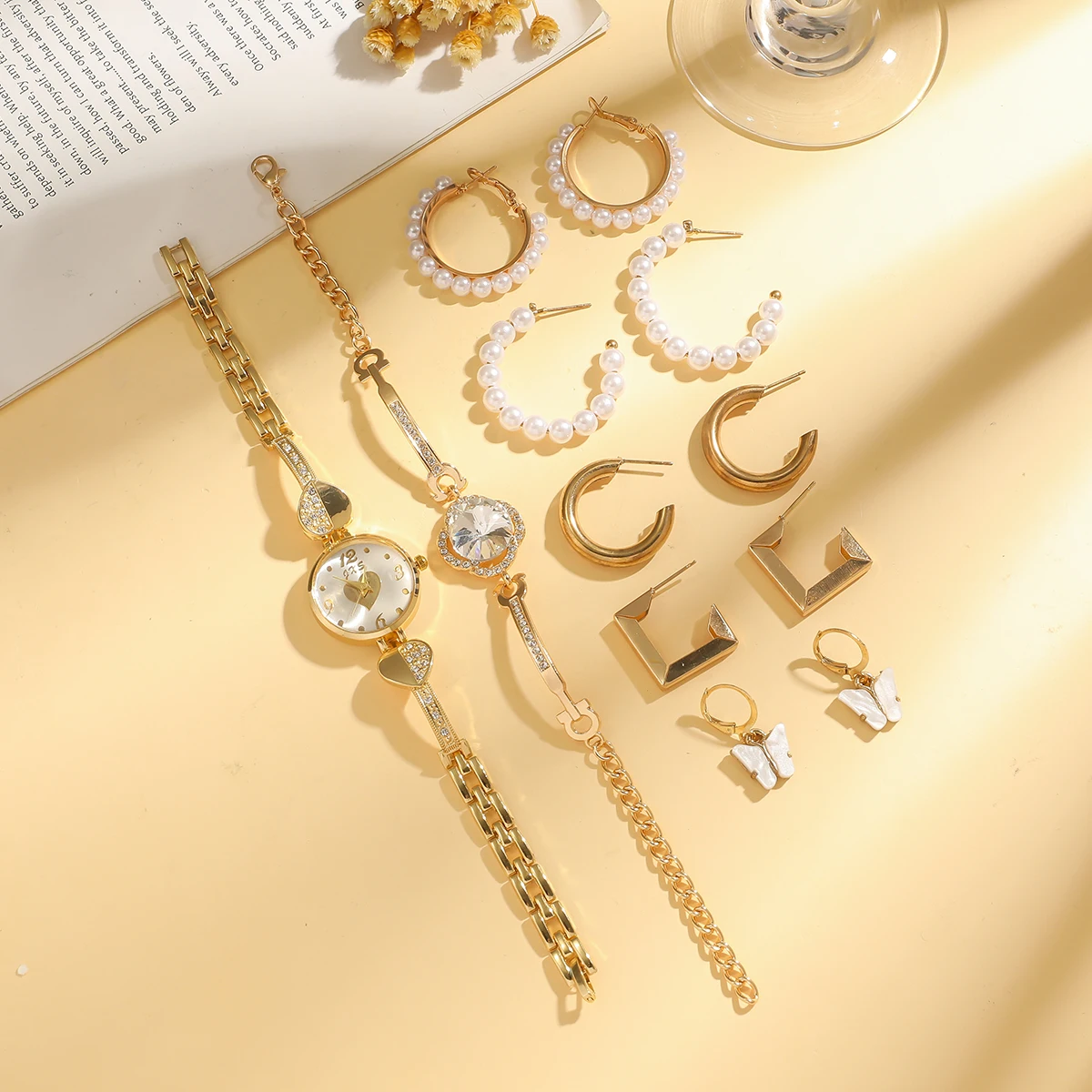 أزياء الماس المحبة القلب القرص الصلب الفرقة المرأة كوارتز ساعة مجوهرات مجموعة 12 قطعة مجموعة لعطلة هدية يوم #5