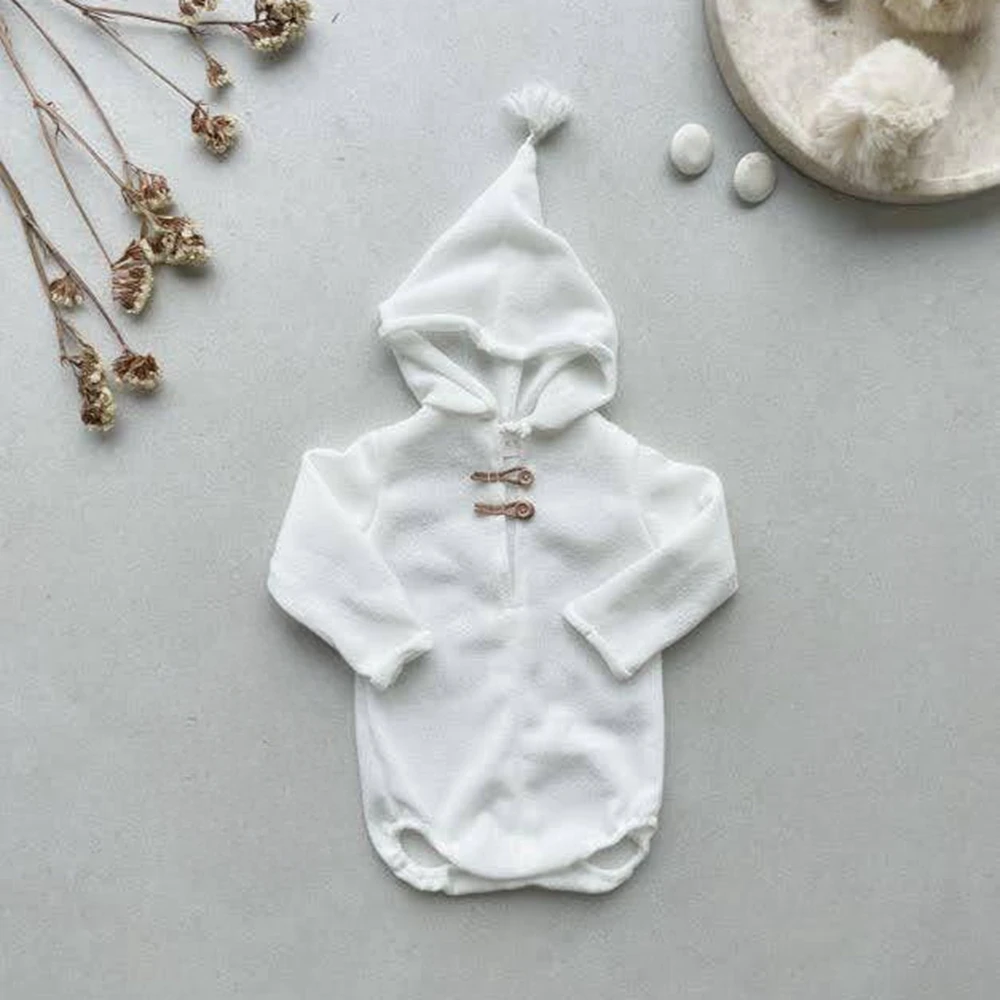 

Newborn Photography Props White Knitted Hooded Baby Romper Infant Photo Outfit Newborn Photoshoot Costume
