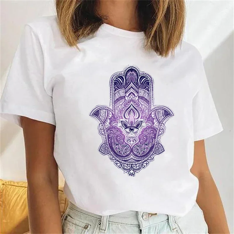 T-shirt manches courtes femme blanc, estival et estival, avec la main de Fatima Hamasa, Lucky Hamsa, Harajuku, Alchemy