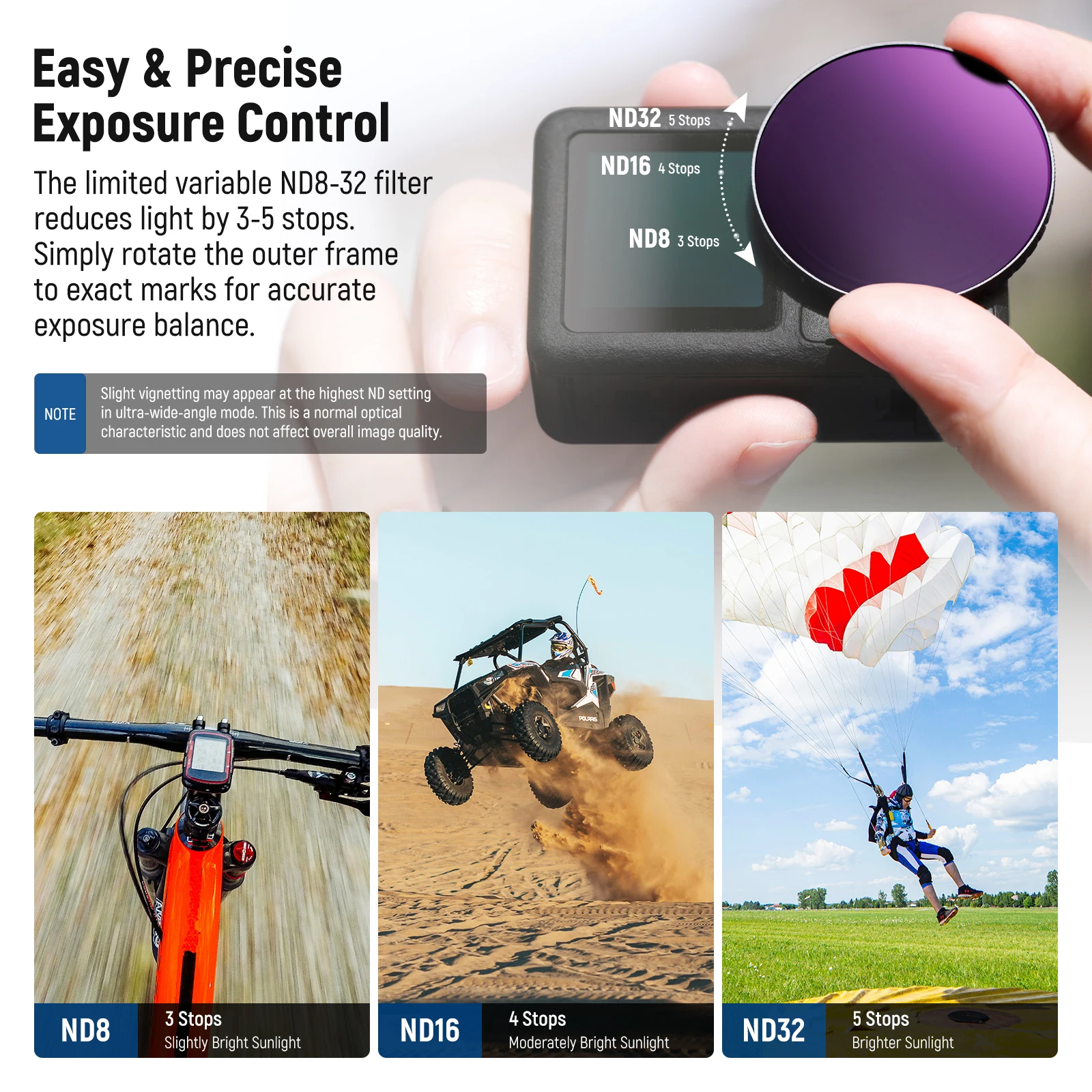 مجموعة مرشح NEEWER ND متوافقة مع DJI Osmo Action 5 Pro/4، متغيرة ND8-32+ CPL + فلتر توزيع الضباب الأسود 1/4