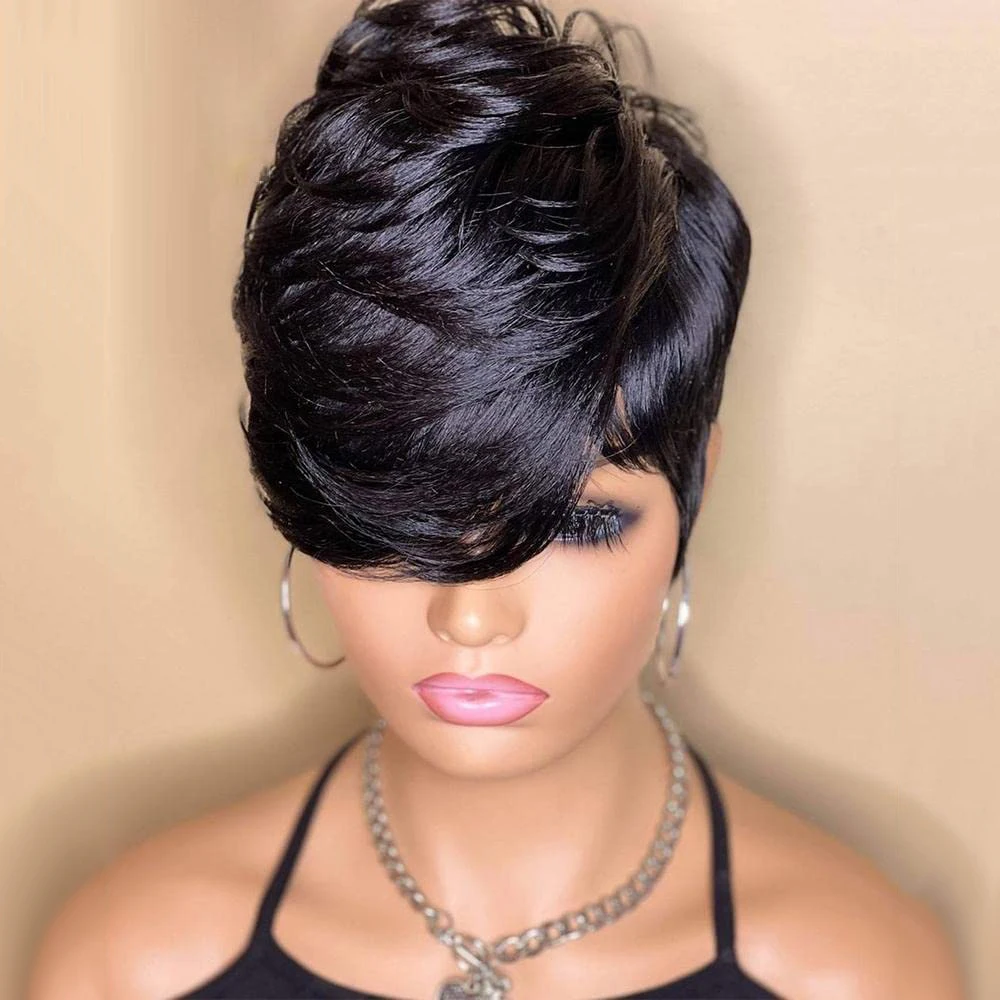 Short Pixie Cut Wig Remy Human Hair For Black Women Cute Wig Straight Natural black Color Full Machine Made Bob Wig With Bangs