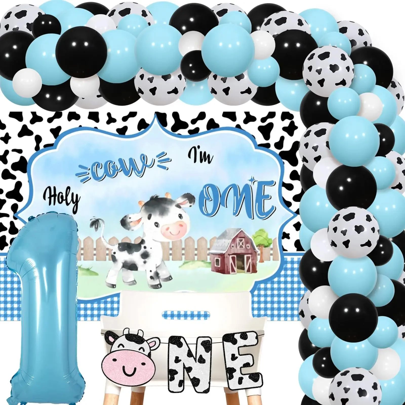 1 Juego de guirnaldas de globos de fondo de 1 aniversario con tema de vaca Santa I IM One, Kit de guirnalda con pancarta para silla alta, número 1, granja de globos