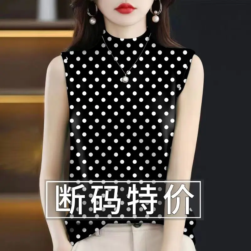 2024 Summer New Polka Dot All-match Sleeveless Tops Tees Slim Simplicity Plus Size Youth T Shirts Vintage Fashion Women Clothing