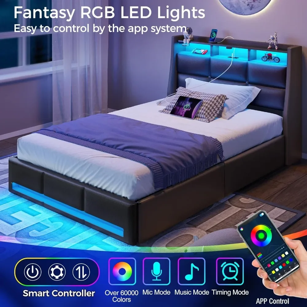 Twin Size Bed Frame with LED Lights and Charging Station, PU Leather Bed Storage Headboard & Drawers, Heavy Duty Wood Slats image 3