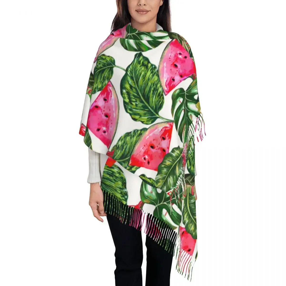 

Tropical Watermelons Jungle Leaves a Leaf Women's Pashmina Shawl Wraps Fringe Scarf Long Large