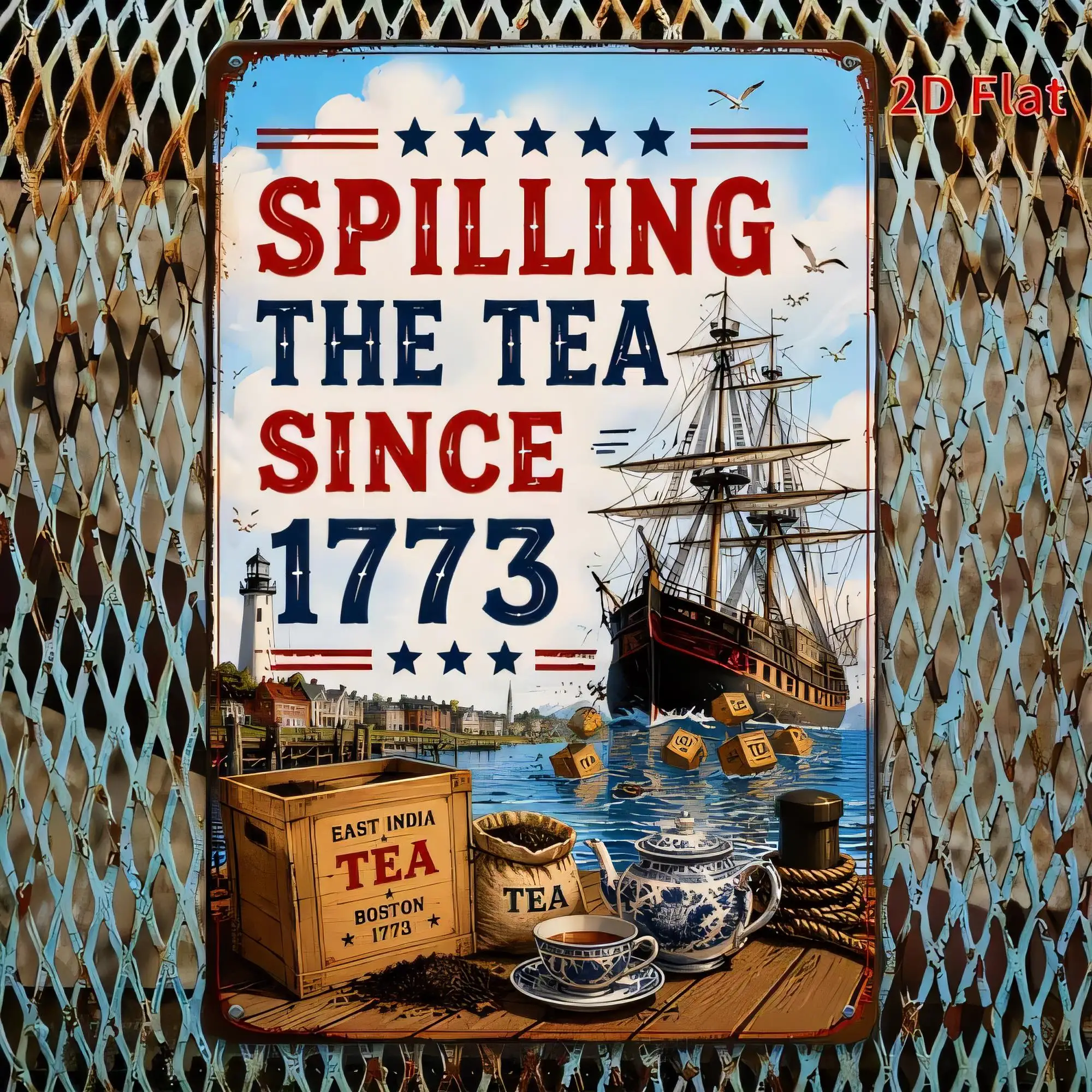 Tin Sign Spilling The Tea Since 1773 Vintage Maritime Coffee Bar Wall Decor Retro Nautical Ship Lighthouse American Flag Metal P