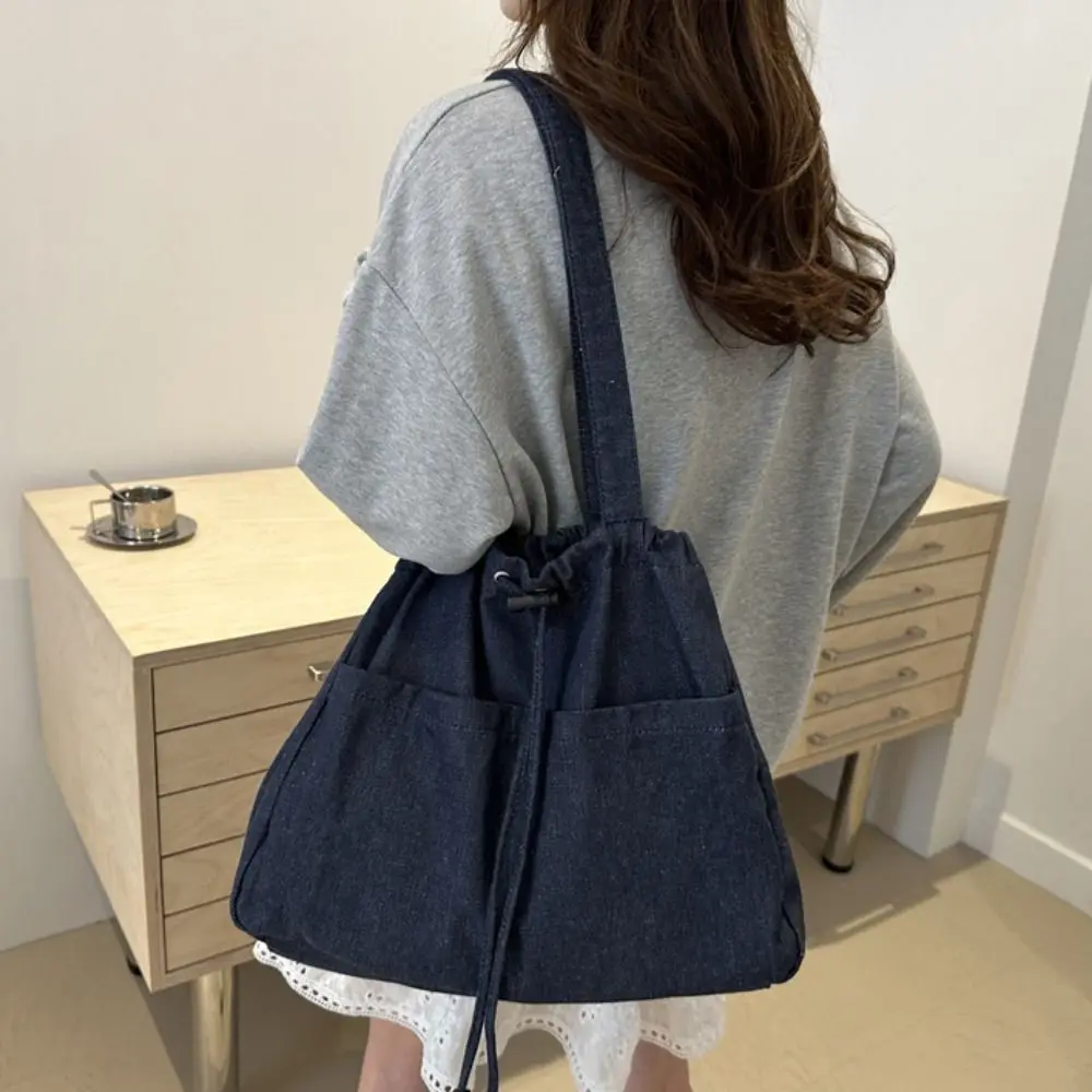 Large Capacity Oxford Drawstring Shoulder Bag Casual All-match Denim Tote Bag Cowboy Leisure Canvas Bucket Bag Streetwear