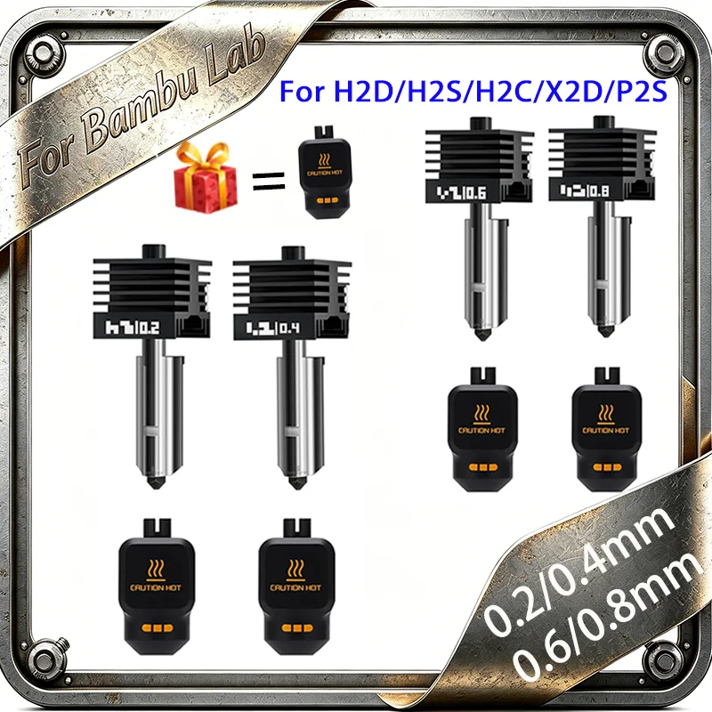 

New High Quality P2S H2D H2S H2C Hotend Kit for Bambu Lab,0.2/0.4/0.6/0.8mm Hardened steel Nozzle Hotend 3D Printer Extruder