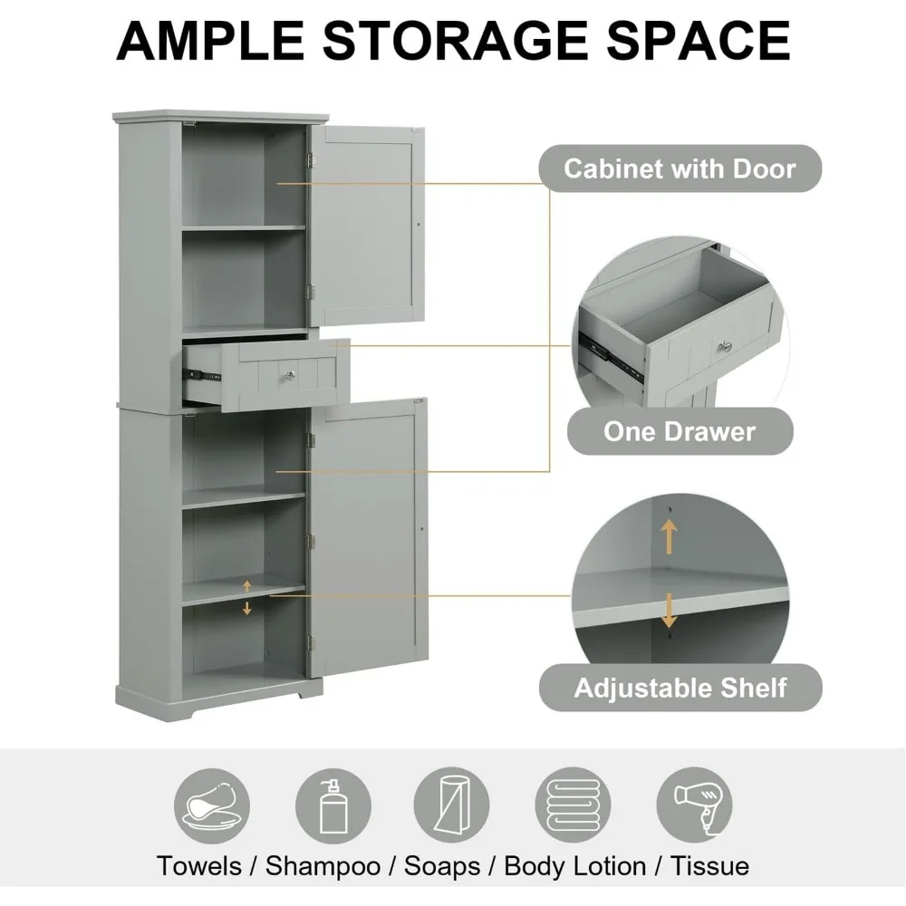 خزانة حمام طويلة Linique 67.3 H، مخزن خشبي قائم بذاته مع درج واحد، رف قابل للتعديل ومقابض دائرية معدنية، Gr