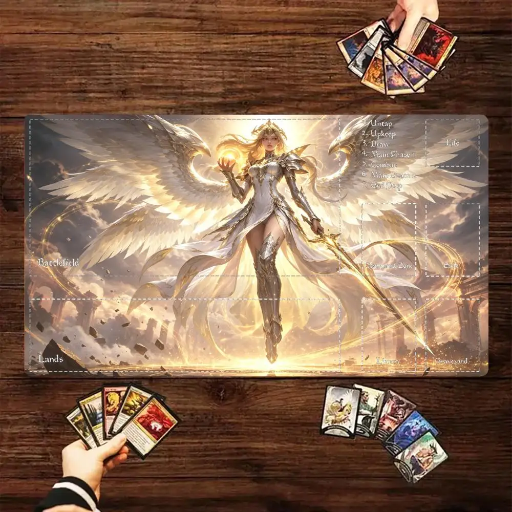 Golden Winged Holy Angel TCG Playmat 35X60CM Ancient Ruins Glowing Battle Mat Non‑Slip Durable Stitched Edge Tabletop Playmat