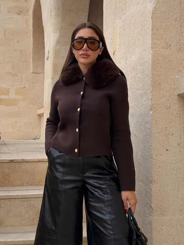 

HH Autumn Women Elegant Versatile Solid Faux Fur Effect Lapel Jacket Women High Street Casual Single-breasted Knitted Sweater