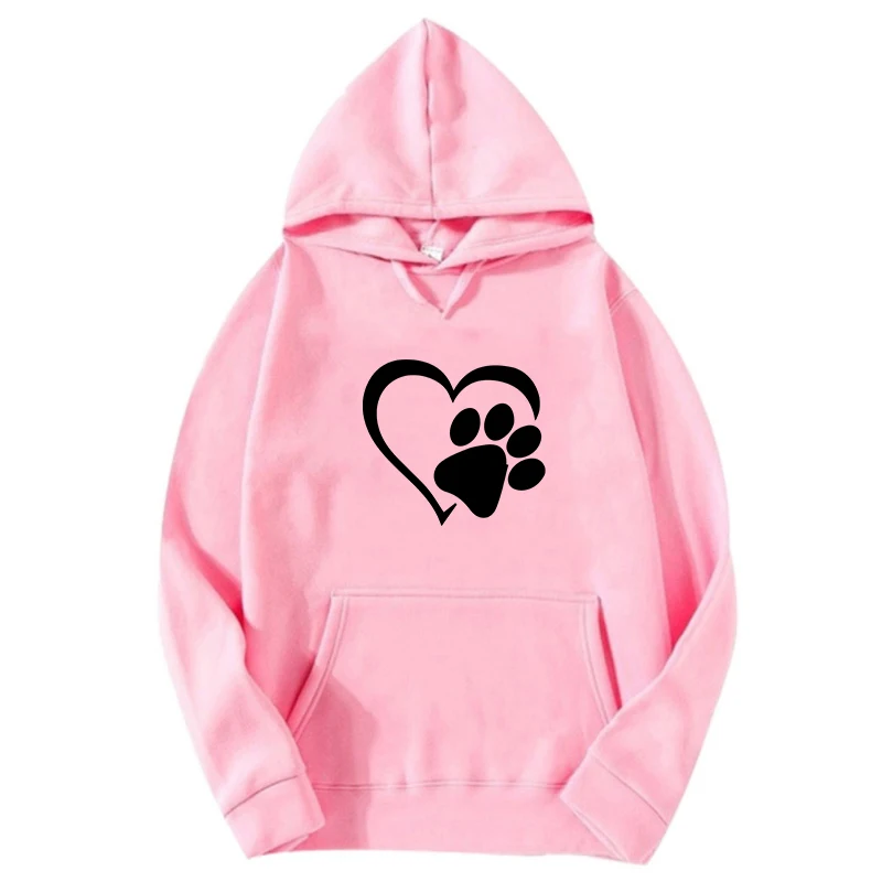 New Cute Dog Paw and Heart Shape Print Hoodies Women Casual Long Sleeve Hoodies Autumn Winter Pullovers Plus Size