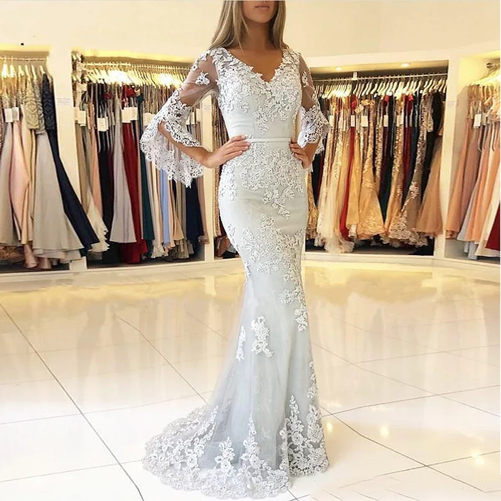 Kiss Dress Elegant V-neck Lace Mid Sleeve Formal Occasion Evening Gowns 2024 Mermaid Applique Beaded Open Back Prom Dresses