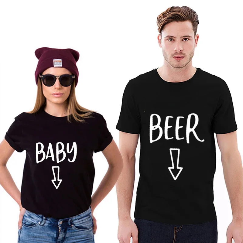

Couple Top Tee Female Funny Tops Lovers Tshirt T-shirts Couple Pregnancy Announcement Baby Beer Belly T-shirt Mommy Mom Matching