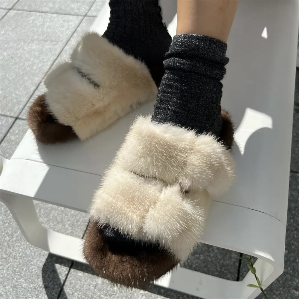 2024 New Women Slippers Fashion Stitching Contrast Color Real Mink Fur Outdoor Shoes For Women Round Head Flat Slides Slippers