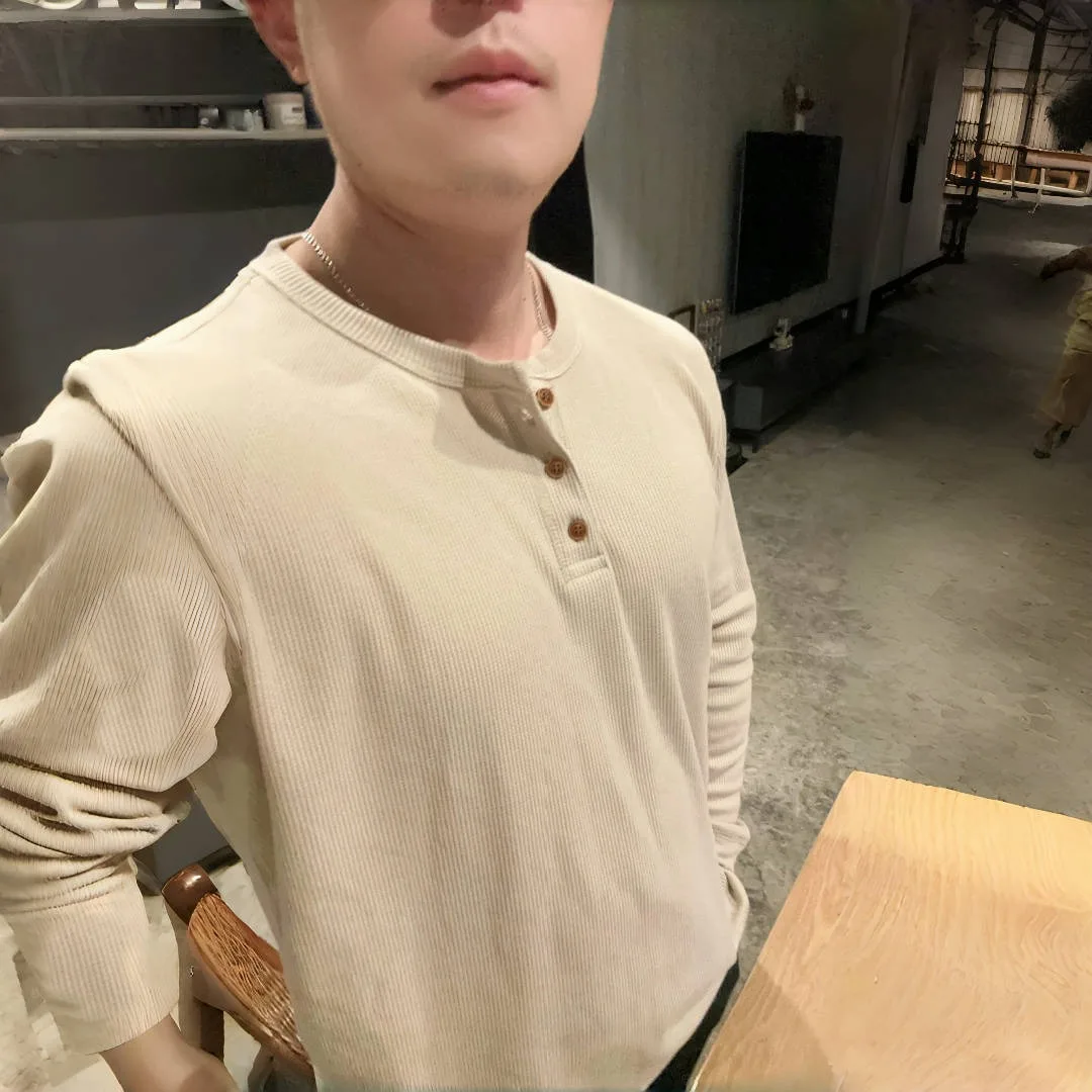 Slim Fit Mens Basic Tee Casual Tshirts Henley Waffle Long Sleeve Shirts Thermal Solid Half Button Breathable Cotton Shirts