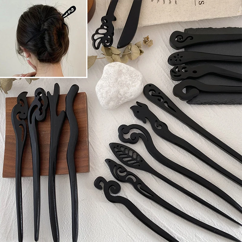 Traditional Wooden Black Hair Sticks Chinese Style Hairpins Carved Wood Hair Fork Retro Hair Sticks Handmade Headwear Hairpins