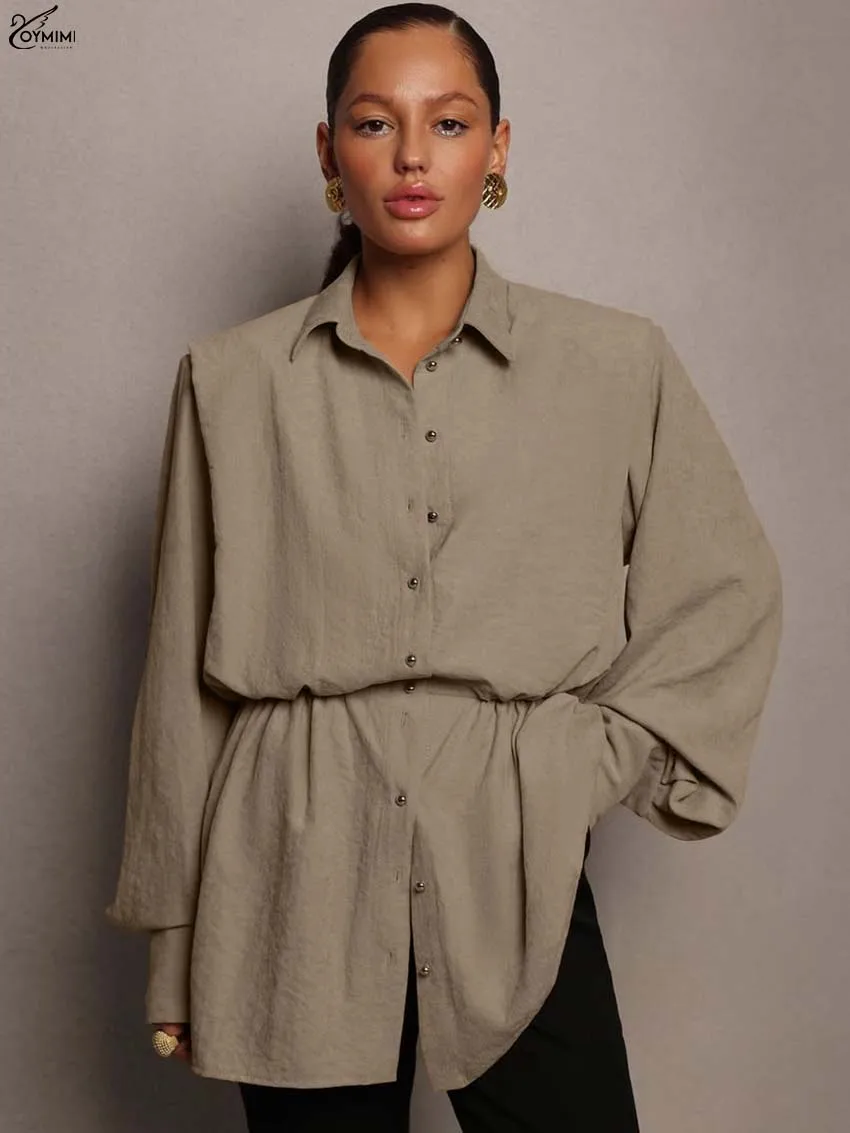 Oymimi Elegant Khaki Pleated Women's Shirt Fashion Lapel Long Sleeve Single Breasted Shirts Casual New High Waisted Solid Shirts