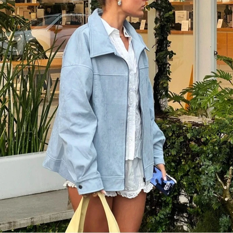 

All-Match Casual Blue Suede Jacket for Women Spring Summer 2026 Fashion Loose Lapel Jacket Top