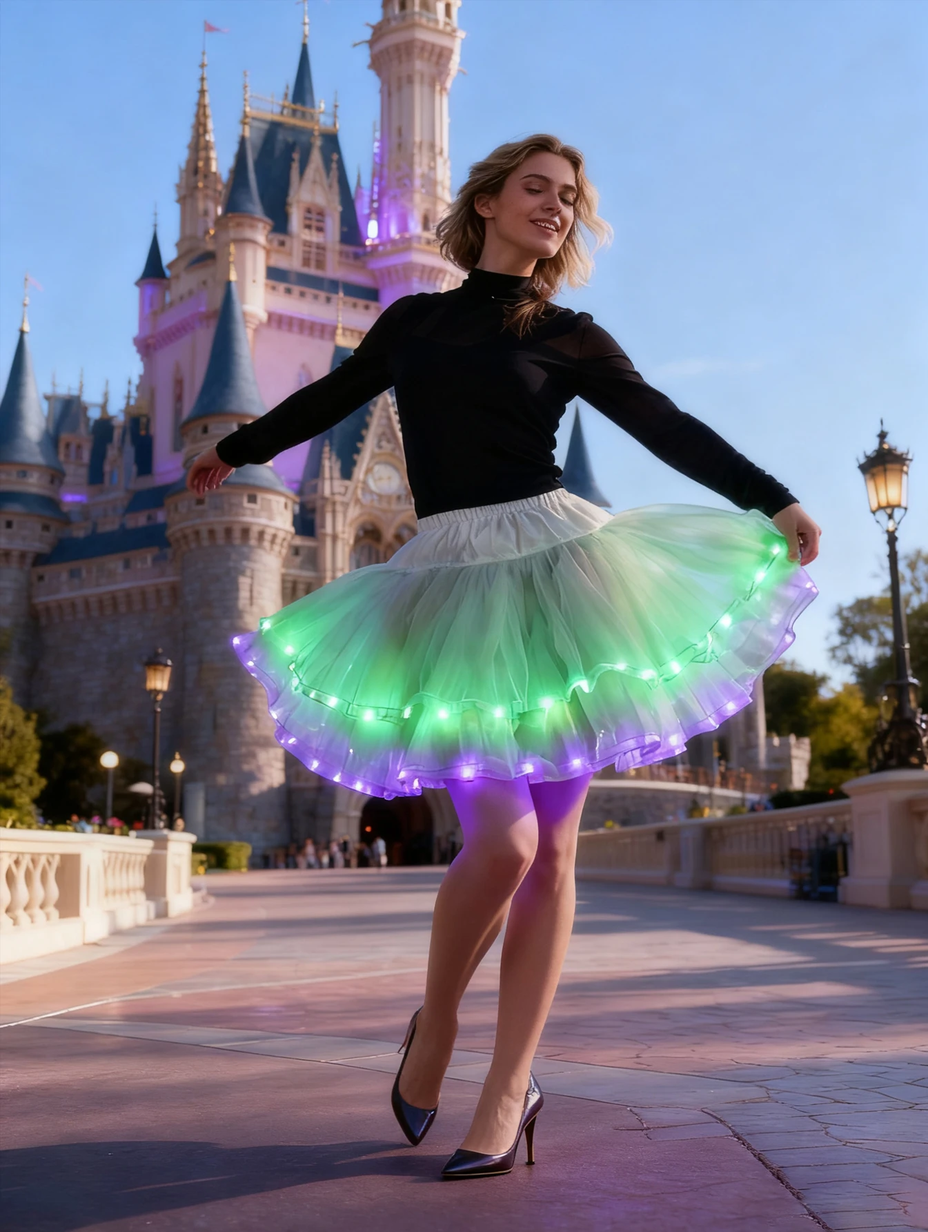 Ein leuchtender grüner und violetter Minirock, ein farbblockiger Minirock, der Ihnen das Aufmerksamkeitszentrum auf der Party herstellt (Batt).