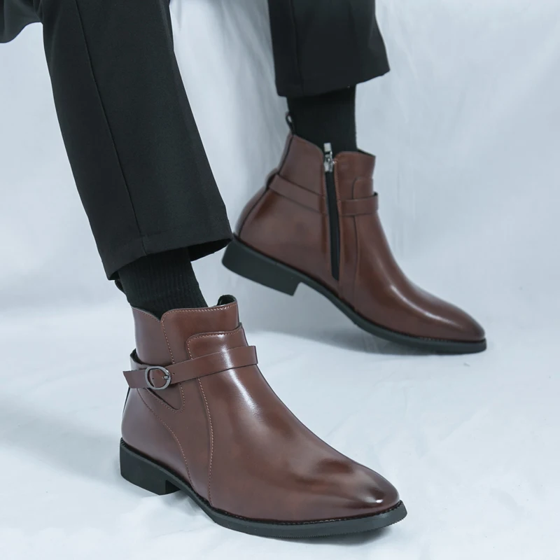 Pointed Men Chelsea Boots Leather Classic Retro Style Dress Shoes for Male Formal Business  Brown Anti-slip Wearable Ankle Boots