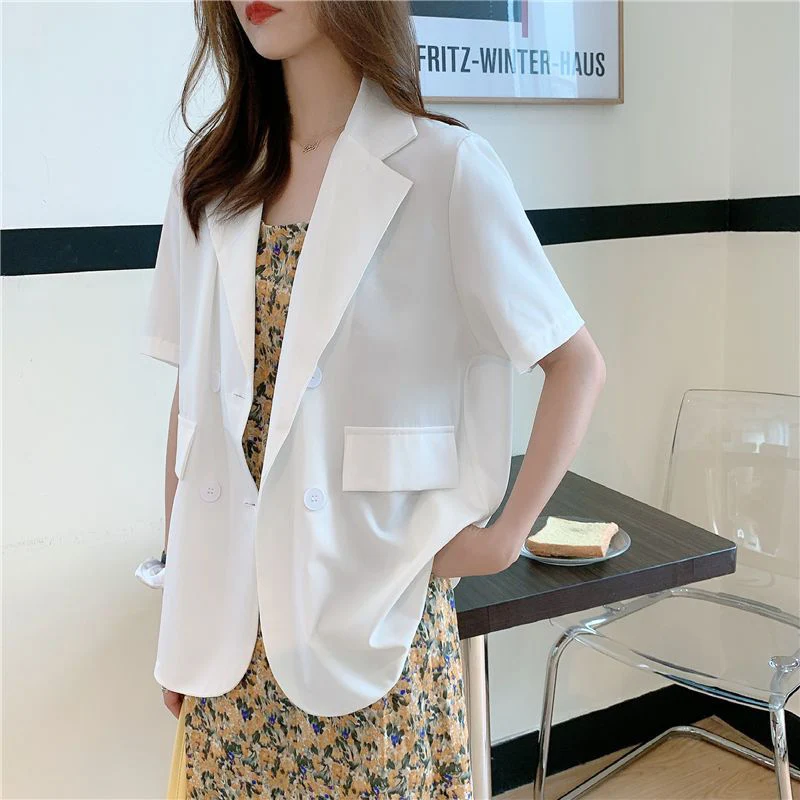 Summer Fashion Ol Short Sleeve Blazer Women Thin Lapel Neck Double-Breasted Suits Jacket Woman Solid Color Loose T Shirts Female