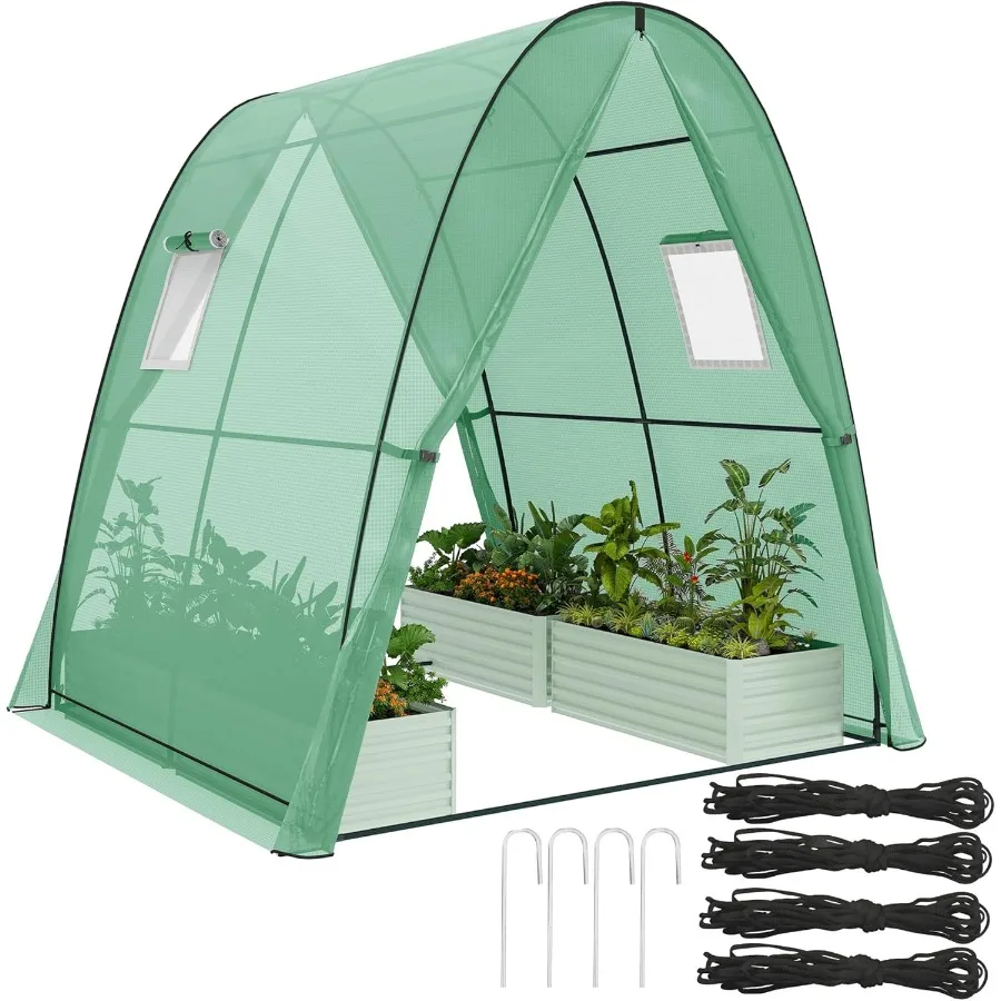 

6' x 6' x 6.6' Hoop House Greenhouse with Sandbags and Hemmed PE Cover Walk-in Tunnel Green House with 2 Doors and Screen Windo