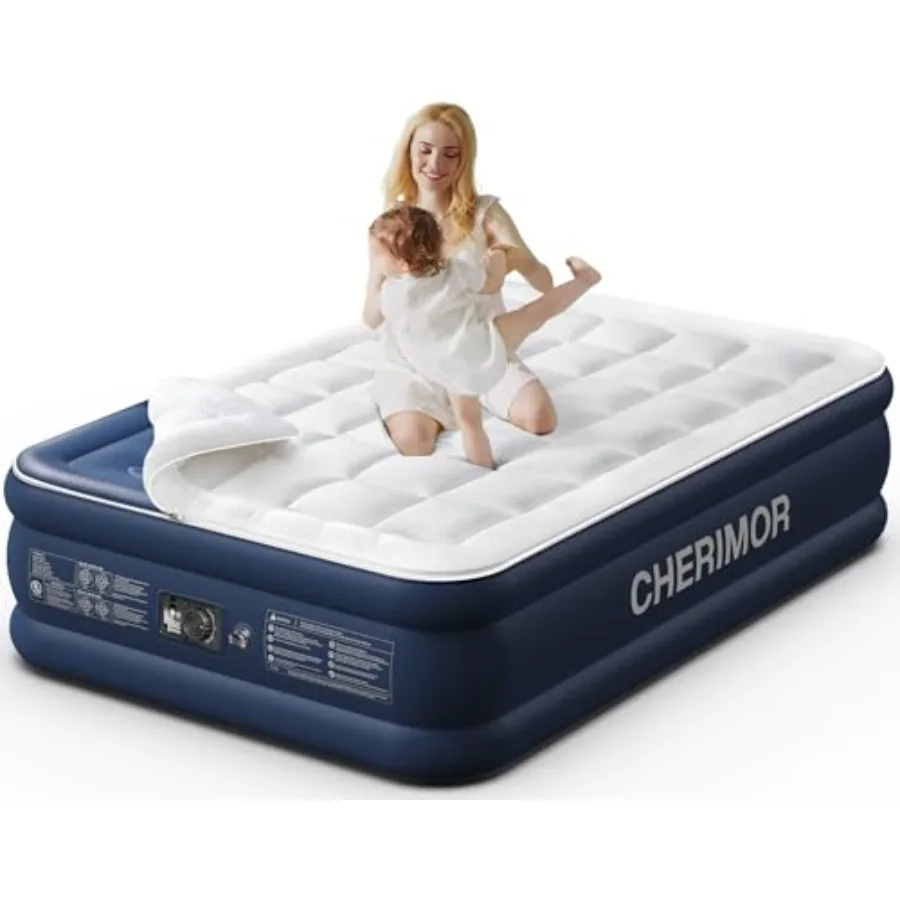 Queen air mattress for guest camping home use, PVC material, gray color, built-in pump luxury quilted topper with washable and