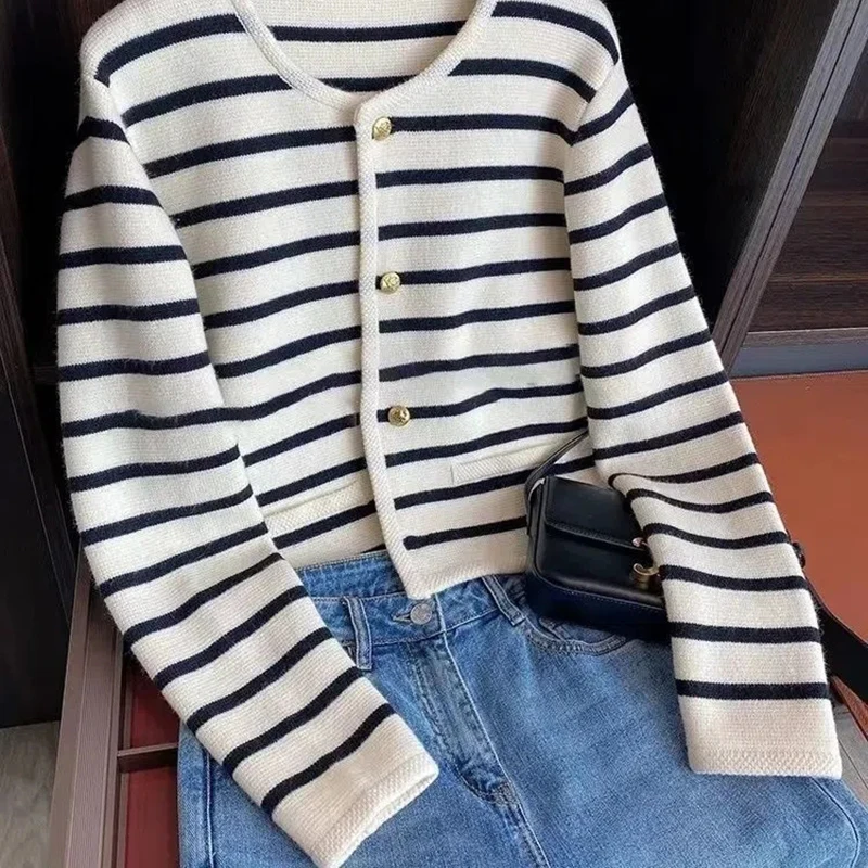 White Black Striped Short Cardigan Women Korean Fashion Sweater Elegant Long Sleeve Top 2022 Spring cardigan women traf