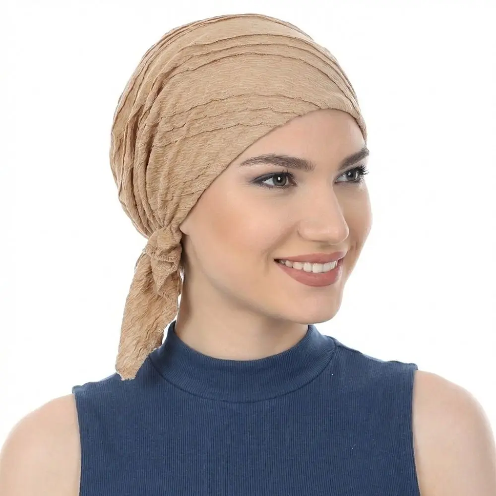 New Cotton Crinkle Muslim Hijab Hats Elastic Solid Color Chemo Beanies Caps Triangle Turban Head Wrap Cycling Head Scarf