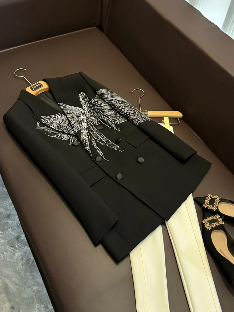 

Ele Lady's Long Sve Suit Jaet Heavy Embellied Dragoy Rhinestones Casual Loose Fit Sle Pure Color Design