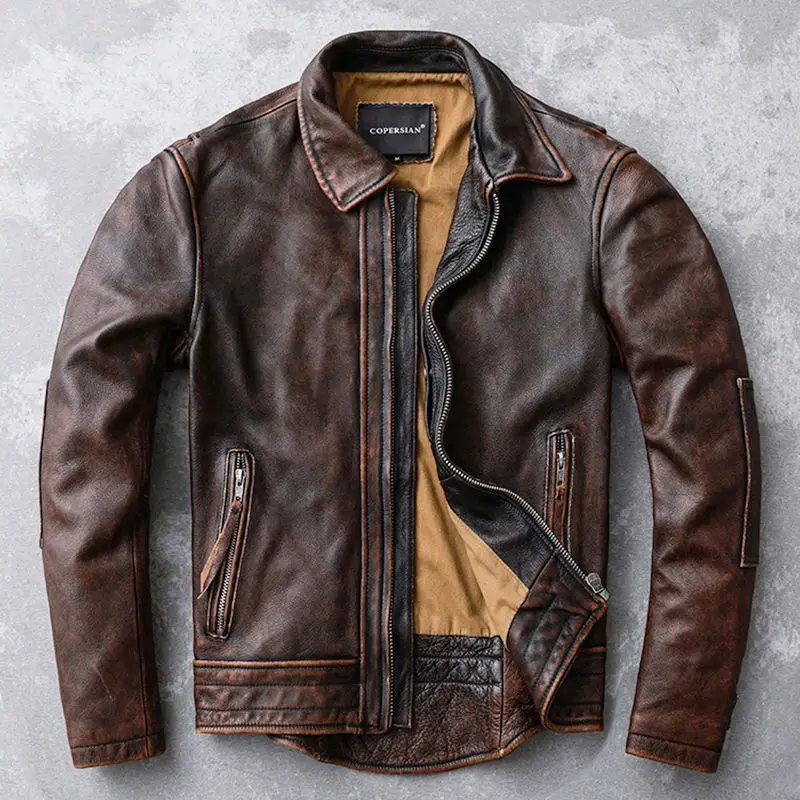 

Brown Natural Cow Leather Coat Vintage Jacket Men Motorcycle Slim Fit Lapel Retro Old Bomber Aviator Genuine Leather Mens Jacke