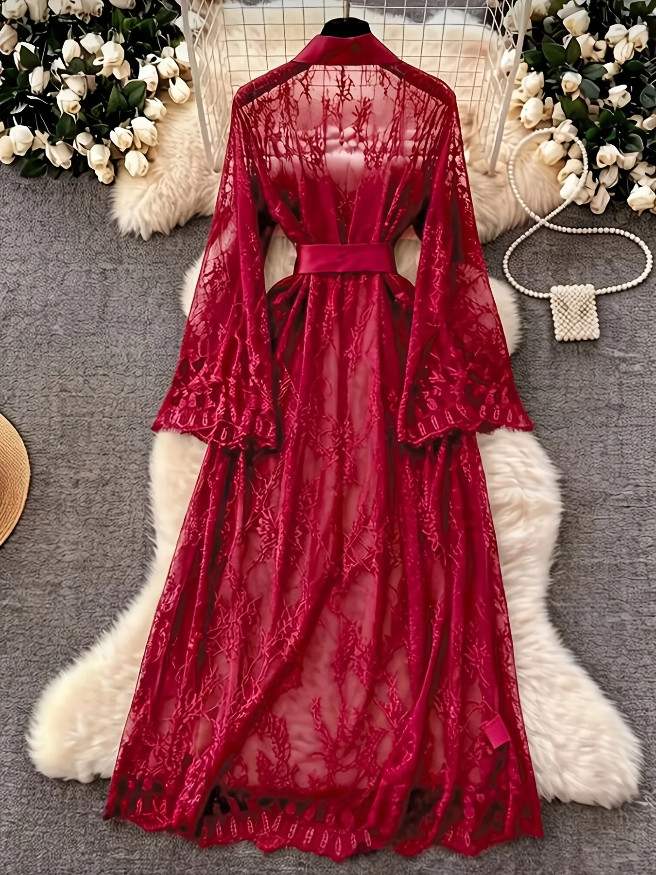 Women's Long Floral Lace Robe with Waist Tie Wide Sleeves and Smooth Trim Semi Sheer Loungewear in Red Black White