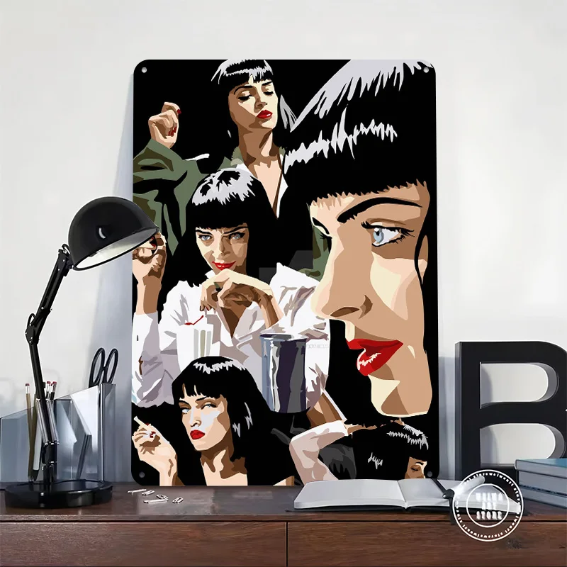 Mia Wallace Pulp Fiction Tin Plaque Poster Customized Retro Wall Art Vintage Metal Signs for Room Office Decor Decoration Garage