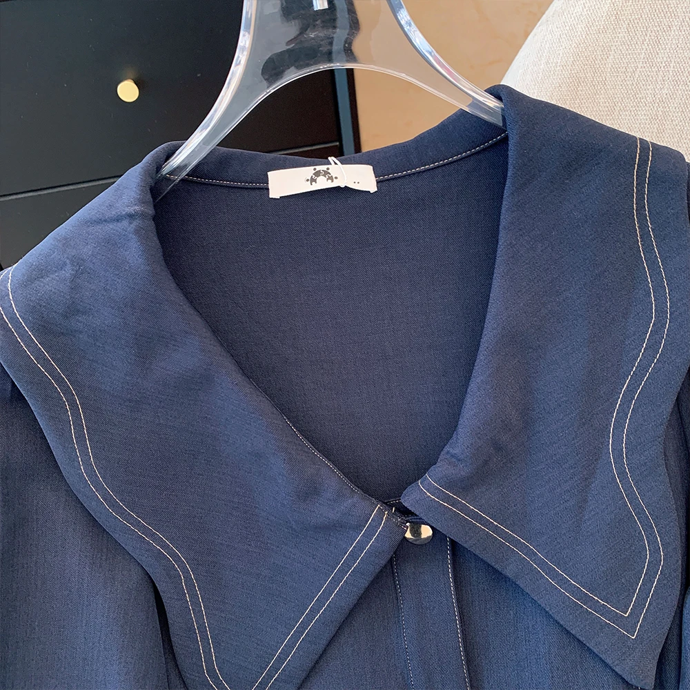 Abito da donna taglie forti primavera e autunno casual da pendolarismo ampio e comodo abito a maniche lunghe abbottonato stile retrò blu navy