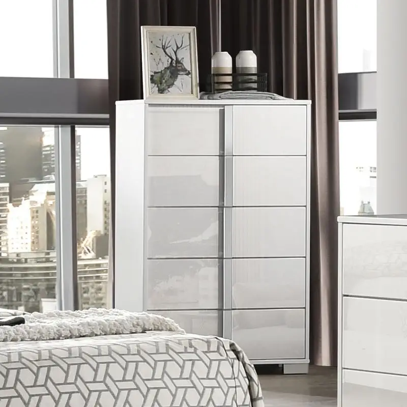 Contemporary 1pc Chest with UV Finish, Chrome Legs, Vertical Handles, and Ball Bearing Glides for White Bedroom Furniture