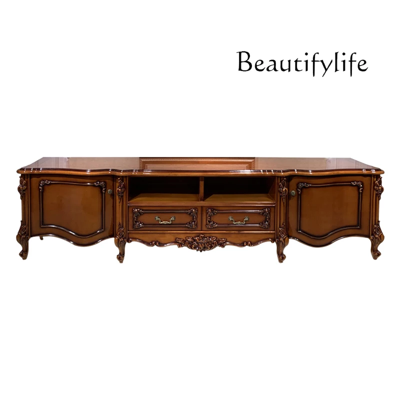 

European all solid wood TV cabinet luxury villa dark piano paint American carved living room cabinet