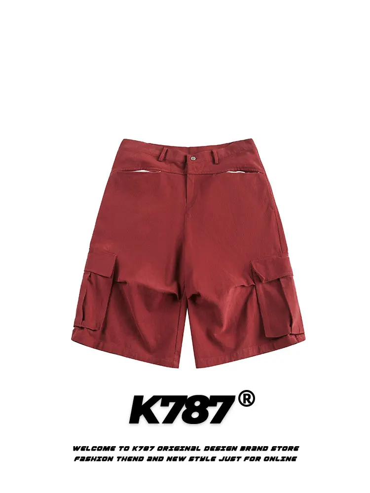 

High Waist Casual orts ex Multi-ket Hip Hop Workwear Five-Quarter Pants American Retro Pleated Loose Straight Leg Co...