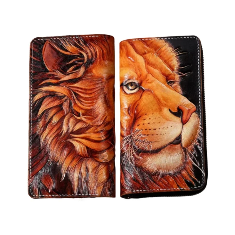 

Genuine Leather Wallets Carving The Lion King Purses Men Long Clutch Vegetable Tanned Leather Wallet Card Holder