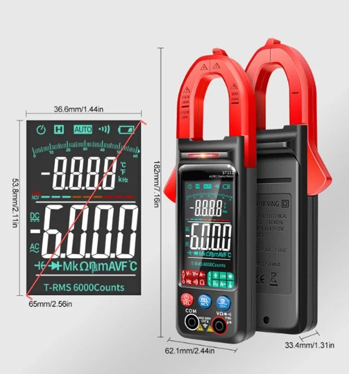 ST212 DC/AC Current Digital Clamp Meter 6000 Counts 400A Amp Multimeter Large Color Screen Voltage Tester Car Hz NCV Ohm