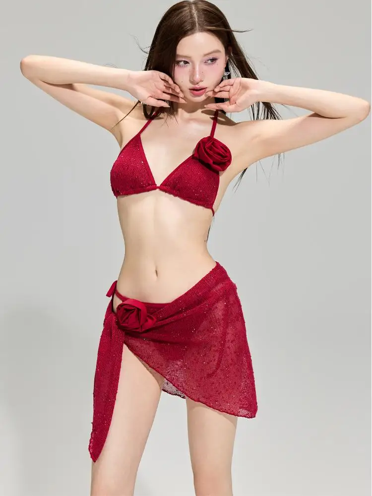 Loka Art Original Handmade Red Flower Bikini 2025 New Style Sexy Gathered Thermal Spring Vacation Two-Piece Swimsuit for Women