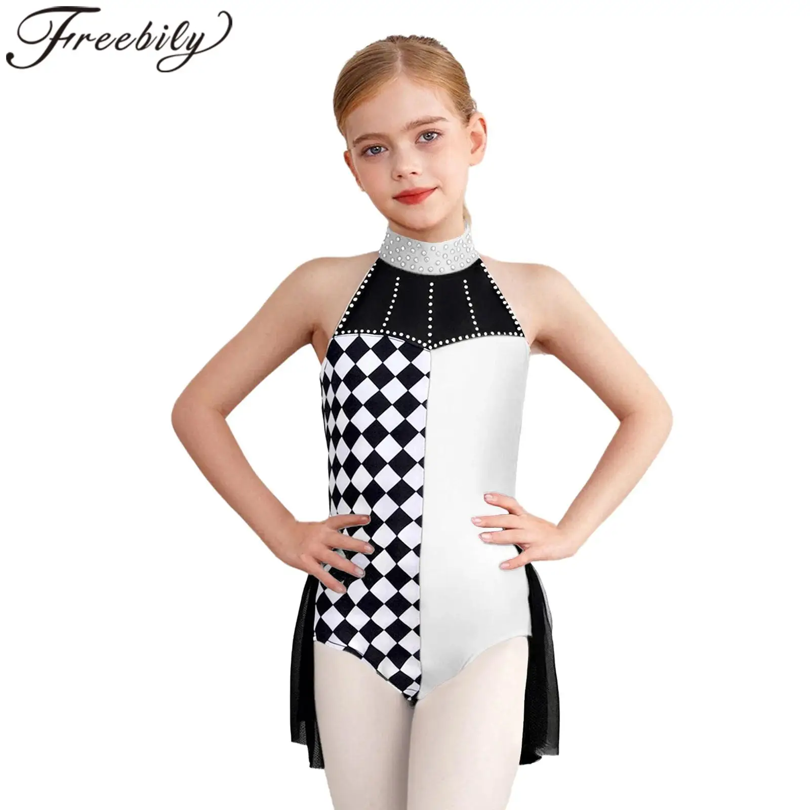

Girls Clown Fancy Dress Patchwork Leotard Halloween Costume Cosplay Themed Party Bodysuit Halter Sleeveless Jumpsuit